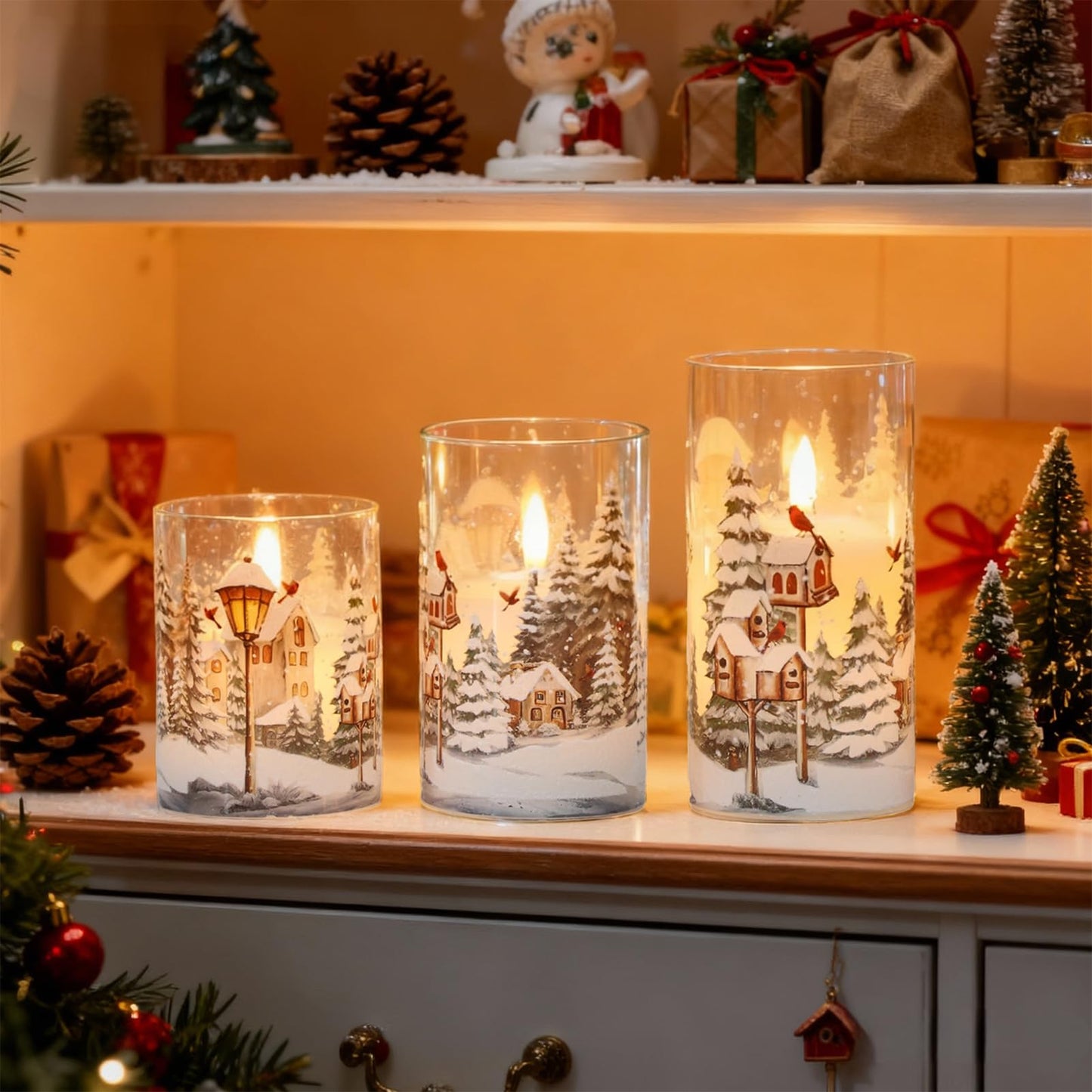 Wondise Red Bird Glass Flameless Candles with Remote Timer, Battery Operated Real Wax 3D Wick LED Flickering Pillar Candles for Christmas Decoration Thanksgiving Holiday Gift