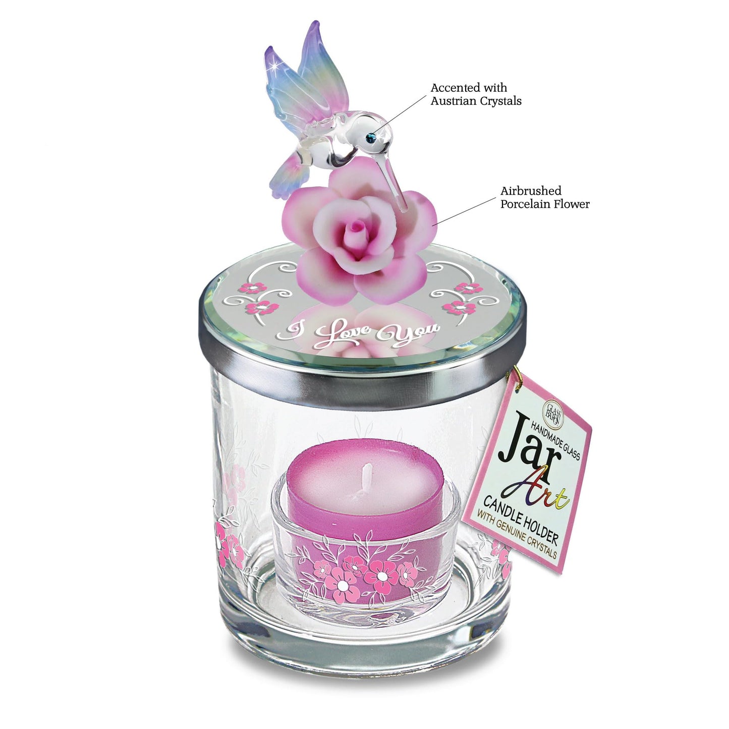 Glass Baron Candle Holder Jar, Blown Glass Hummingbird Lid with Airbrushed Porcelain Flower & Austrian Crystal Accents, 5.5 x 3 inches