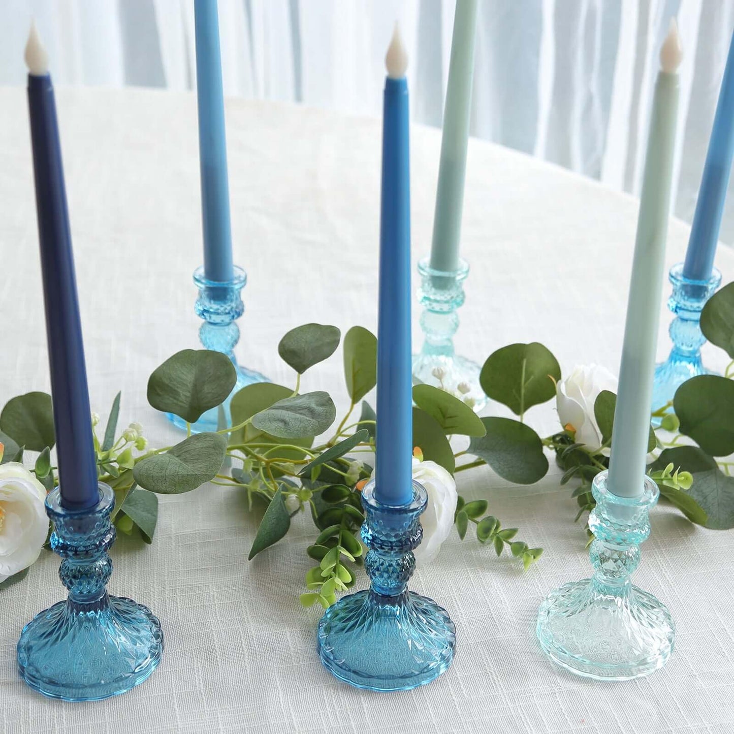 Efavormart 6 Pack Assorted Blue Glass Taper Candlestick Holders with Diamond Pattern, Reversible Crystal Pillar Votive Candle Stands - 4"