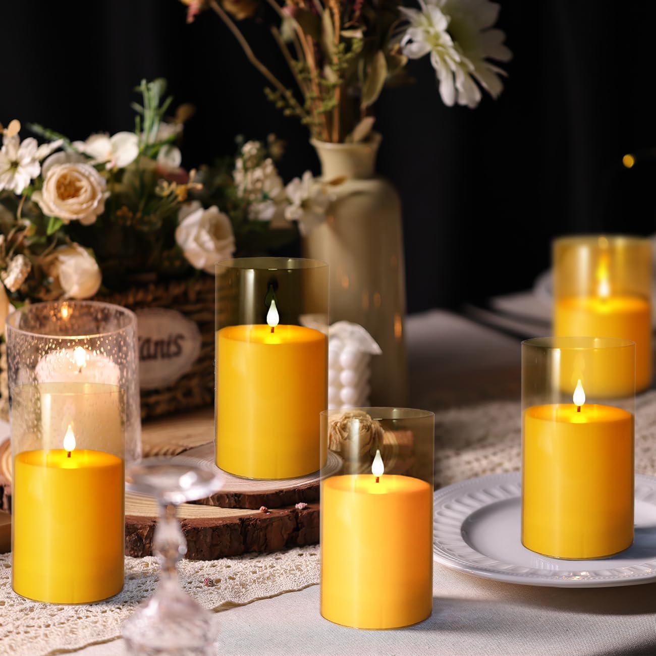 NICEME Amber Flickering Flameless Candles Battery Operated Acrylic LED Pillar Candles with Remote Control and Timer Flameless Halloween Candles for Thanksgiving Christmas New Year Home Decor, Set of 5