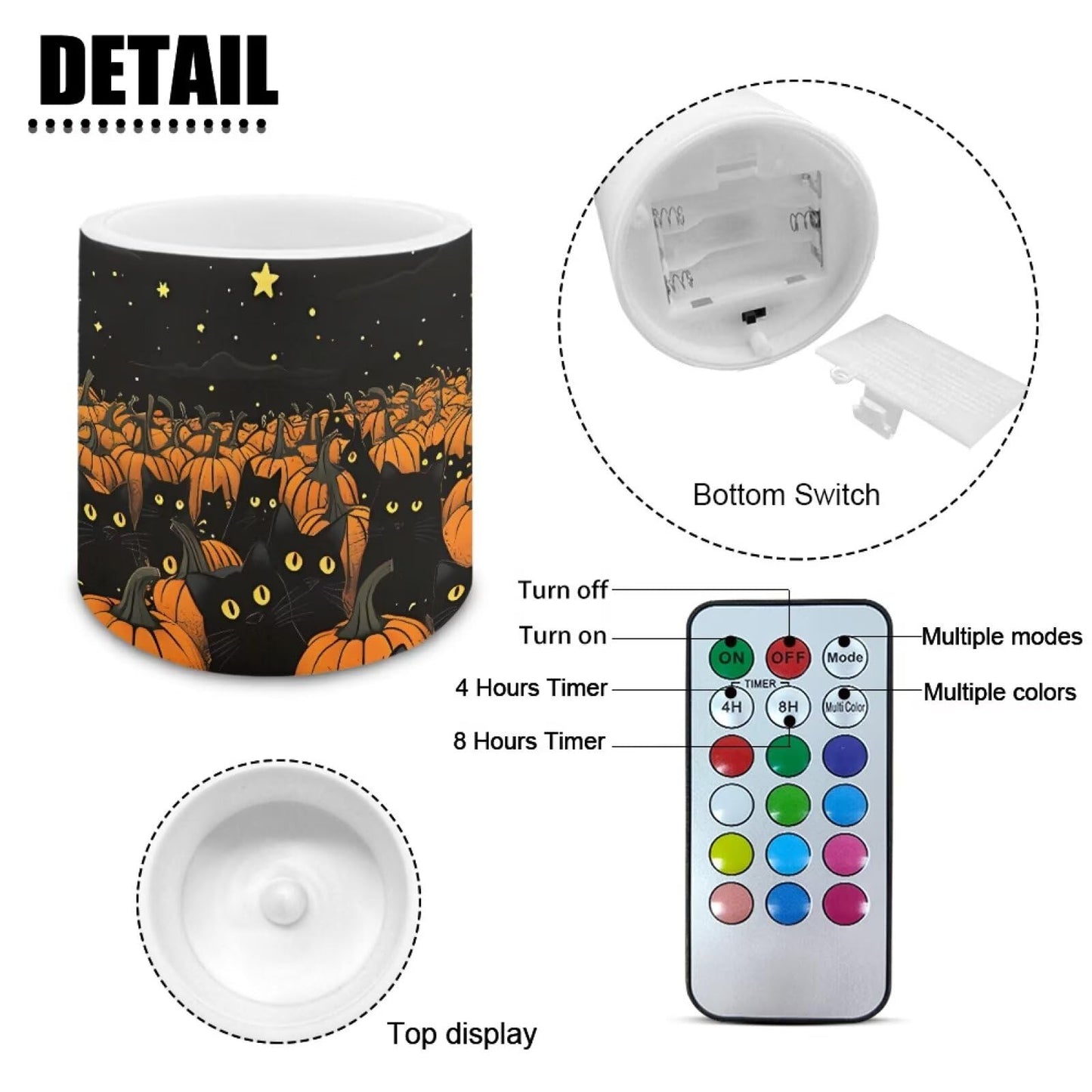 Merkmak Trick or Treat Day Flameless Candles with 18-Key Remote Battery Operated Candles with Timer, Pumpkin Black Cat Print LED Pillar Tea Lights for Halloween Party Home Decoration