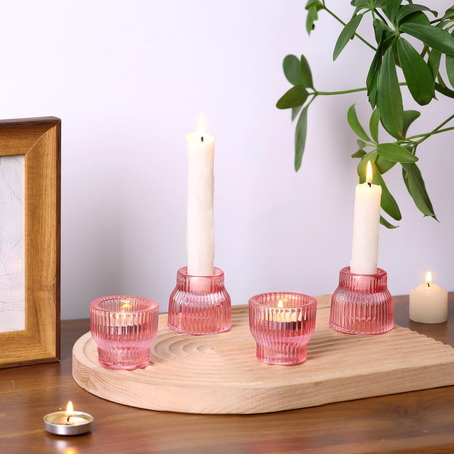 HAVITI 12 Pack PinkTaper Candle Holders, Glass Candlestick Holders, Tea Light Candle Holder for Fall Wedding Centerpieces Table Decorations, Votive Candle Holders for Table Decor