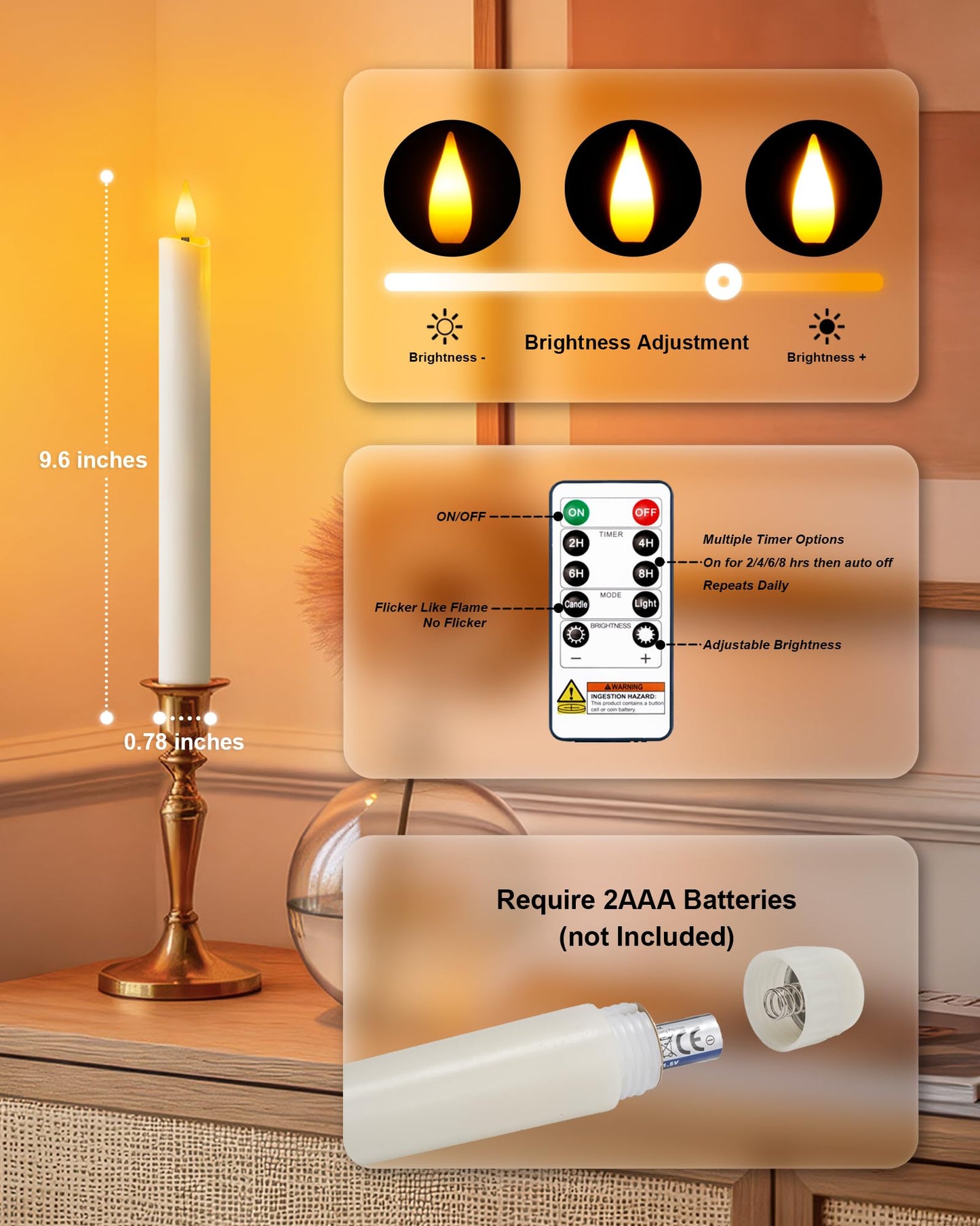 Homemory 3 Pcs Waxy Flameless Taper Candles with Remote, Flickering Battery Operated Taper Candles, Led Flameless Candlesticks Classic Tall Candle for Home, Wedding, Party, White, 9.6 inches
