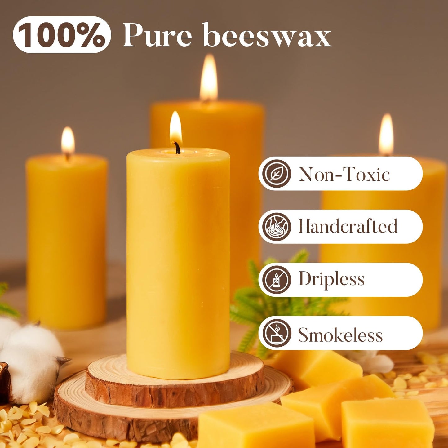 Crenovo 3 Pack Beeswax Pillar Candles, 2x4 Inch - 100% Pure Organic Natural Bees Wax, Unscented Dripless Smokeless Bulk Candles for Home Decor, Emergency, Praye
