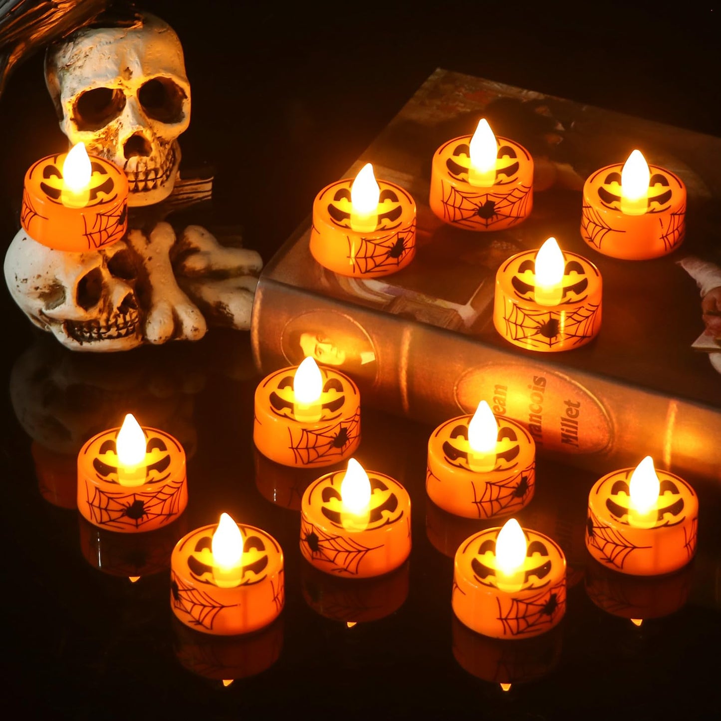 GenSwin Halloween Tealights Candles Battery Operated, 12 Pack Tea Lights Flameless Candles with Timer, Orange LED Votive Flickering Candles with Pumpkin Face and Spiderweb Prints for Halloween Decor