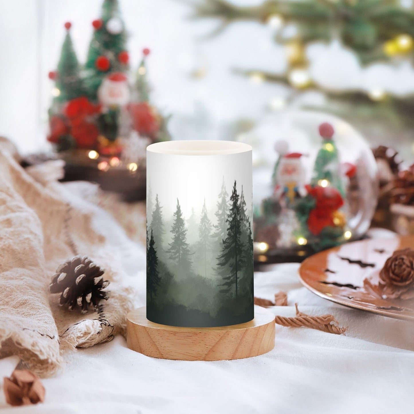 GUIJI Pine Trees Flameless Candles with Remote - Set of 2 Battery Operated Pillar Candles for Home Decoration, Christmas, Party