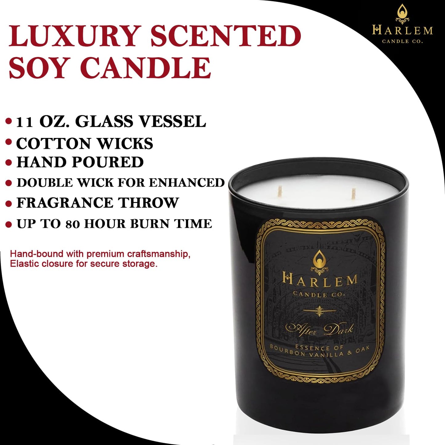 HARLEM CANDLE CO. Luxury Gift Set – After Dark Scented Soy Candle (11 oz) & Black/Gold Vegan Leather Journal (300 Pages) – Elegant Home & Writing Gift Bundle