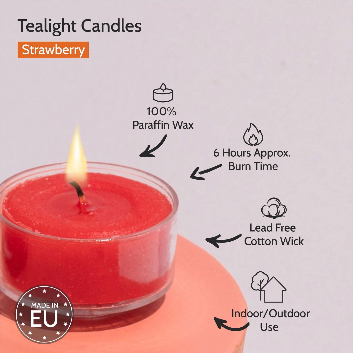 HYOOLA Scented Tealight Candles - Clear Cup - Strawberry Tealight Candles Scented - 6 Hour Burn Time - 15 Pack - European Made