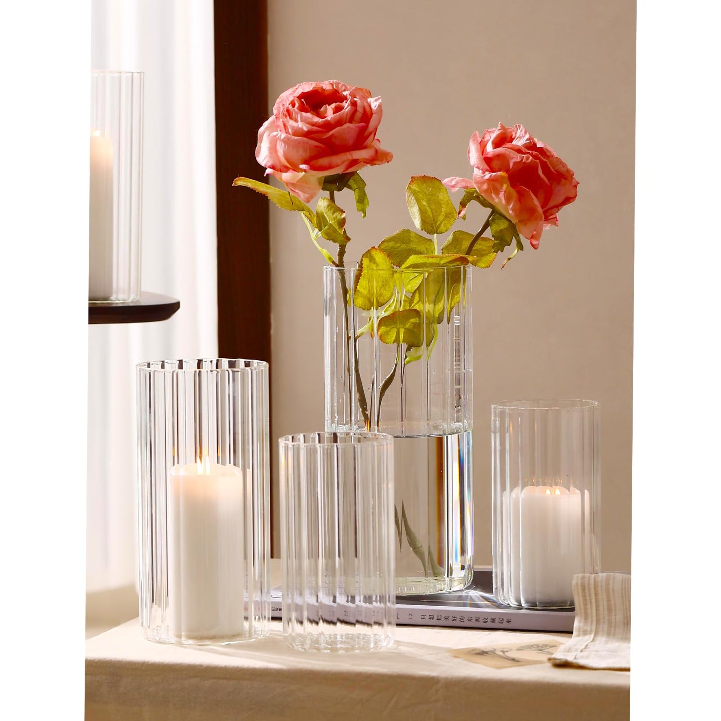 PHOSPHOR 6 PCS Ribbed Glass Candle Holder, Cylinder Candle Holders for Pillar Candles, Clear Glass Hurricane Candle Holders 6'', 8'', 10'' Glass Cylinder Centerpieces Vases