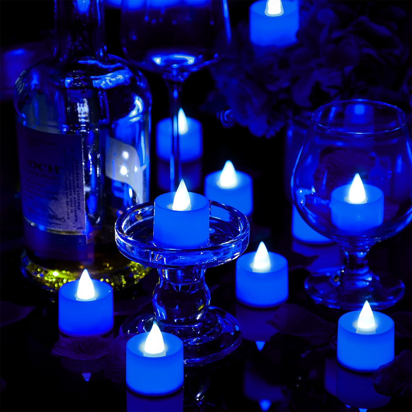 Coume 6000 Pcs Artificial Rose Petals with 72 Pcs Flameless LED Candles Romantic Decorations Fake Candles Anniversary Decorations for Valentine's Day Wedding Night(Blue)