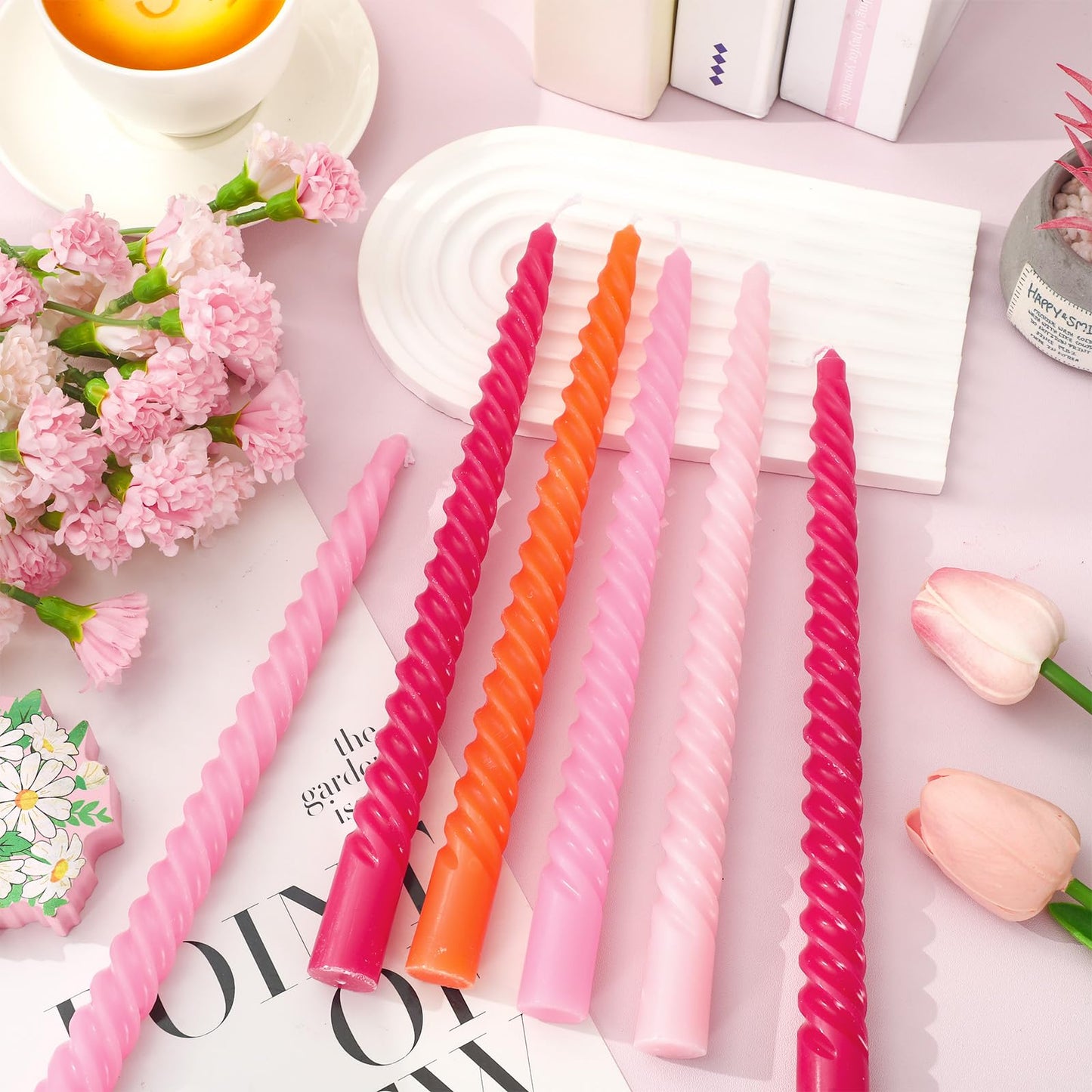 Whaline 8 Pcs Spiral Taper Candles Hot Pink Orange Pink Dripless Twisted Wax Candles 10 Inch Long Unscented Candle Sticks for Summer Fall Baby Shower Wedding Sunset Party Home Dinner Decor