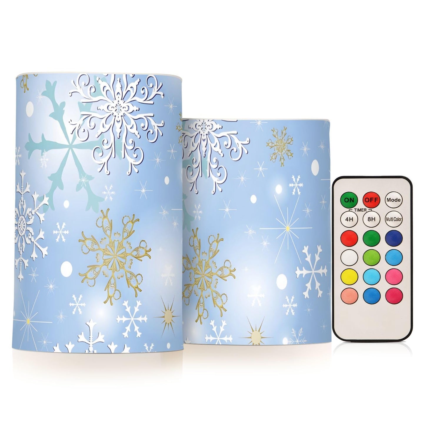 Christmas Lights Decorations Flameless Candles Christmas Silver Snowflake Pillar Candles Set of 2 Battery Operated Remote Control Warm Lights
