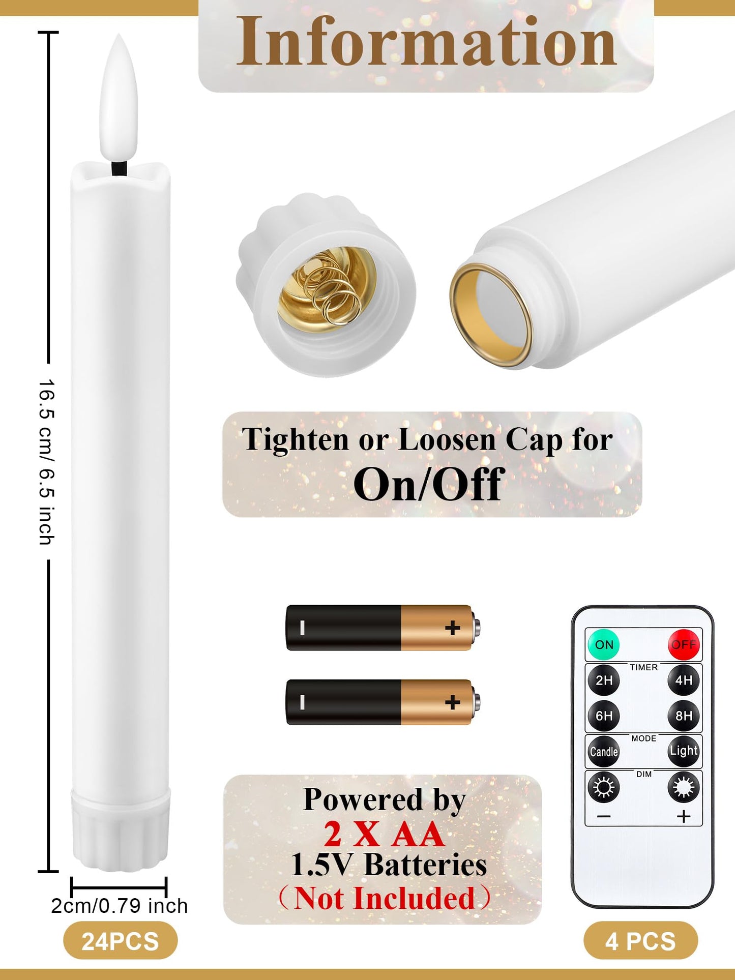 Funtery 24 Pieces 6.5" Flameless LED Taper Candles with Remote Timer Battery Operated Candles Bulk Short LED Candlestick Flickering for Graduation Father's Day Wedding Party Decor(White,Elegant Style)