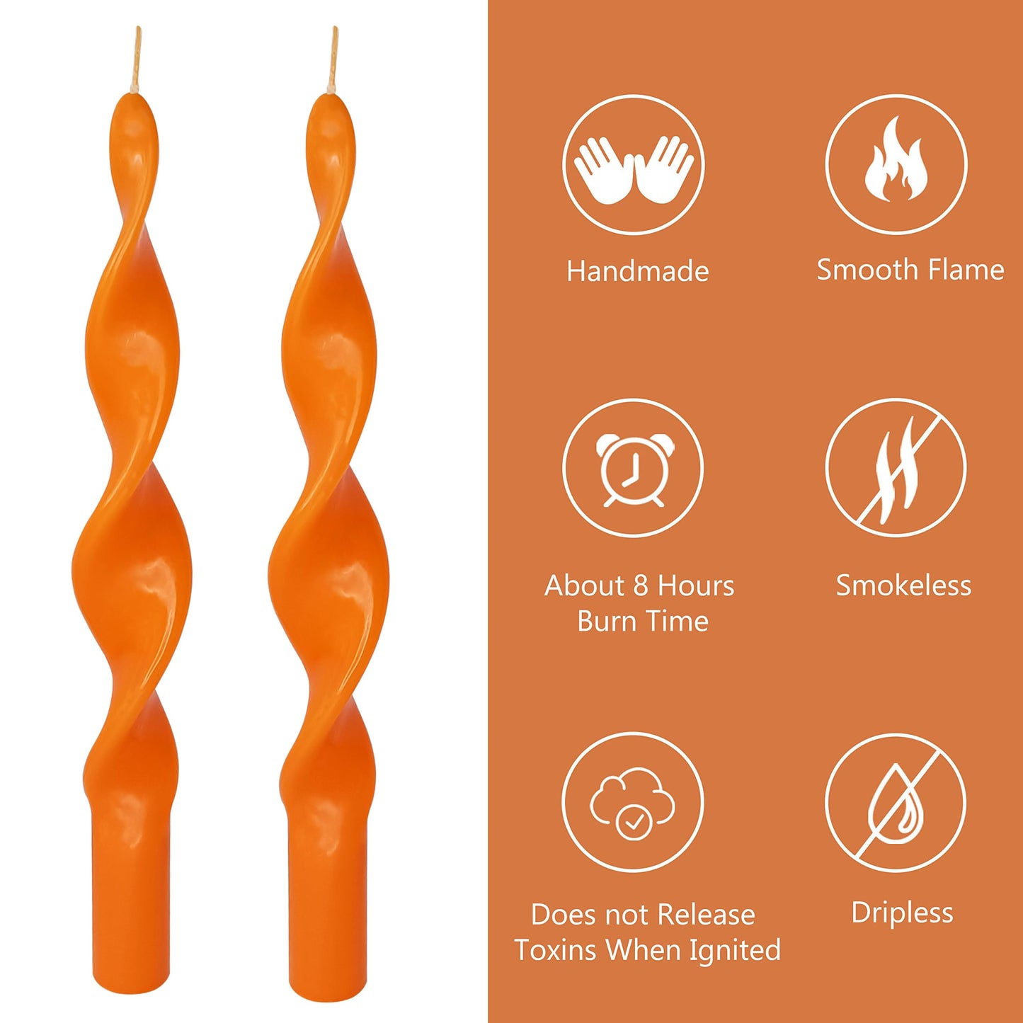 10 Inch Spiral Candles Set of 2 – Unscented Candle Stick, Orange Handmade Taper Candle Twisted Candles for Wedding Dinner Table Home Decor