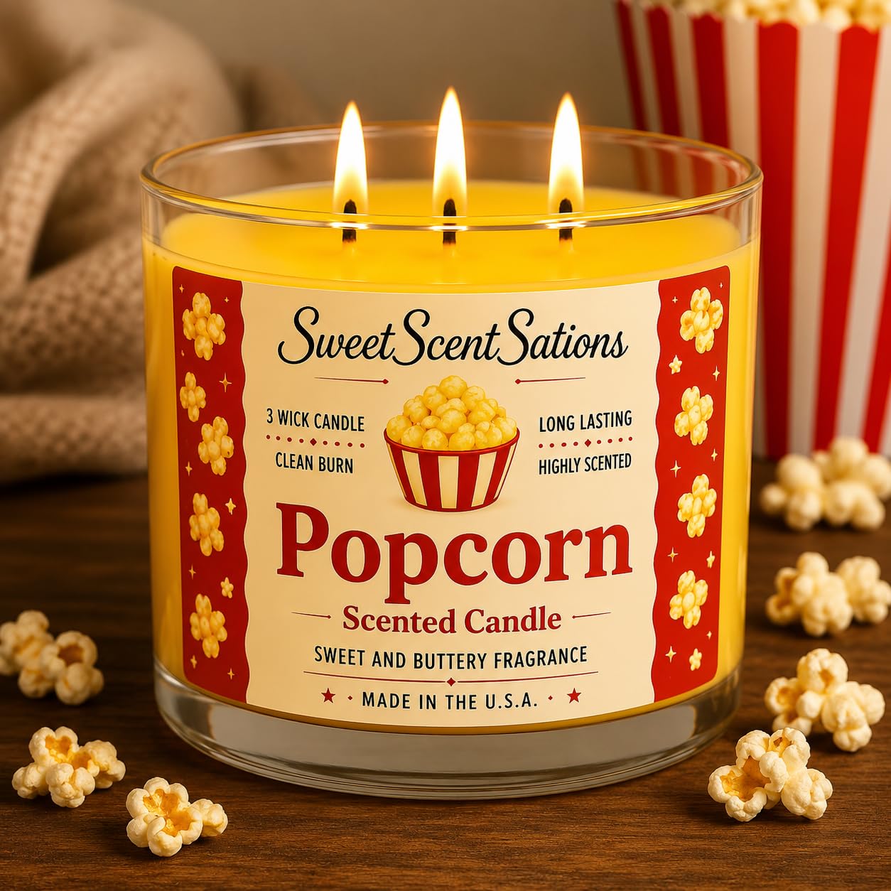 SweetScentSations Popcorn Scented Candle – Salted Butter Popcorn Aroma | Soy Wax Long Burning Candle for Home | Fun Snack-Inspired Candle Gift for Movie Lovers