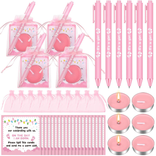 Ctosree 100 Sets Baby Shower Favors for Guests 100 Pcs Baby Shower Candles 100 Thank Tags 100 Drawstring Gift Bags 100 Retractable Ballpoint Pen with Black Ink for Gender Reveal (Pink)