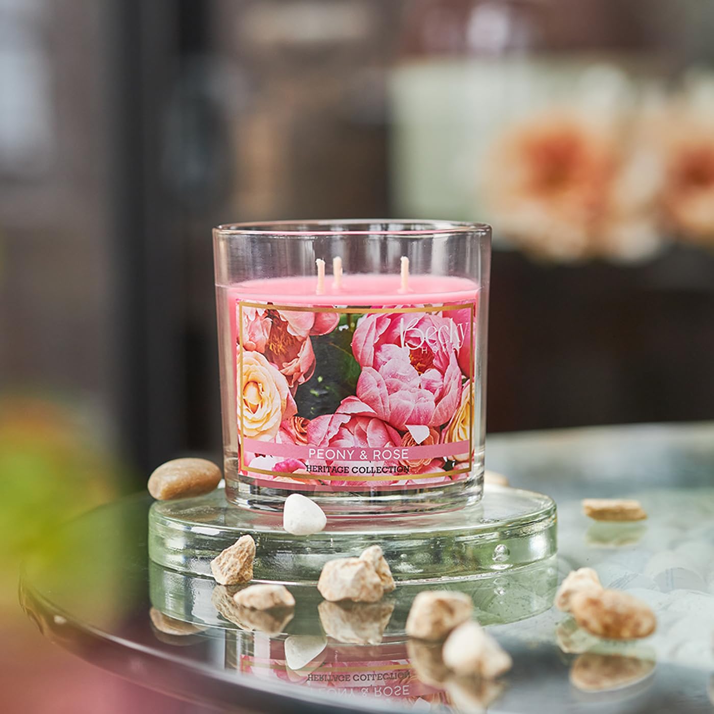 Peony and Rose Scented 3-Wick Candle in Glass Jar | Candles for Home | 14.5oz Rustic Home Decor Novelty Candle | 60 Hour Burn Time Candle