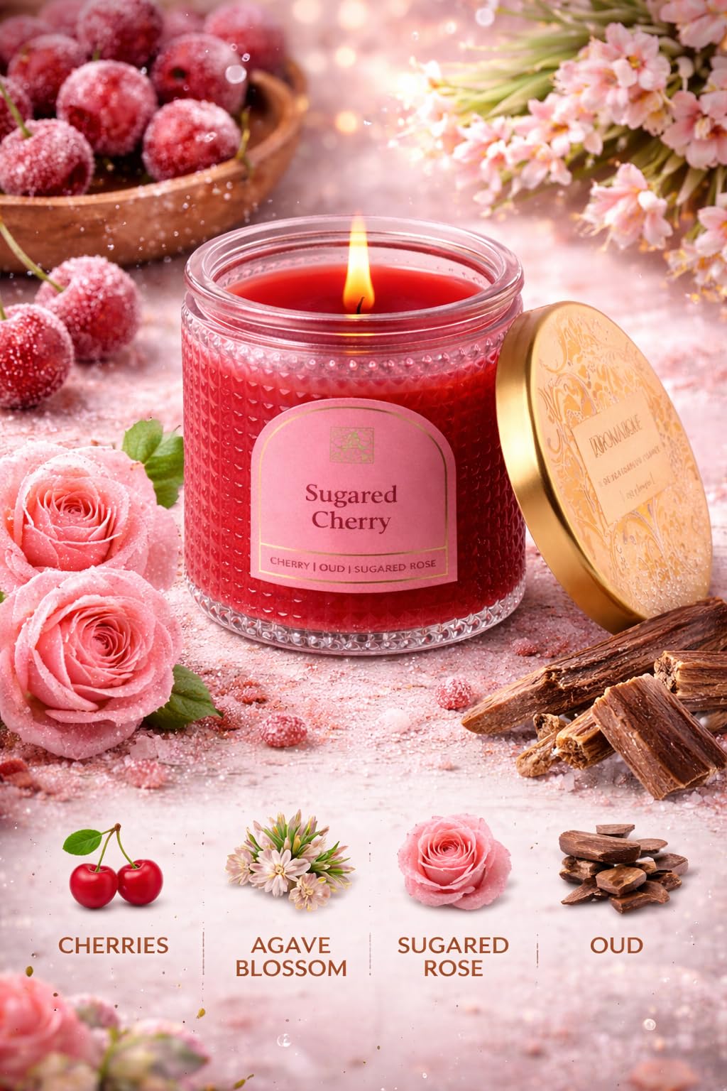 Aromatique, Sugared Cherry, Textured, Elegant Candle with Metal Lid, Home Fragrance for Relaxing Atmosphere, 6 oz, Mother's Day Gifts, Bridal Showers, Anniversaries, Holiday Gifts.