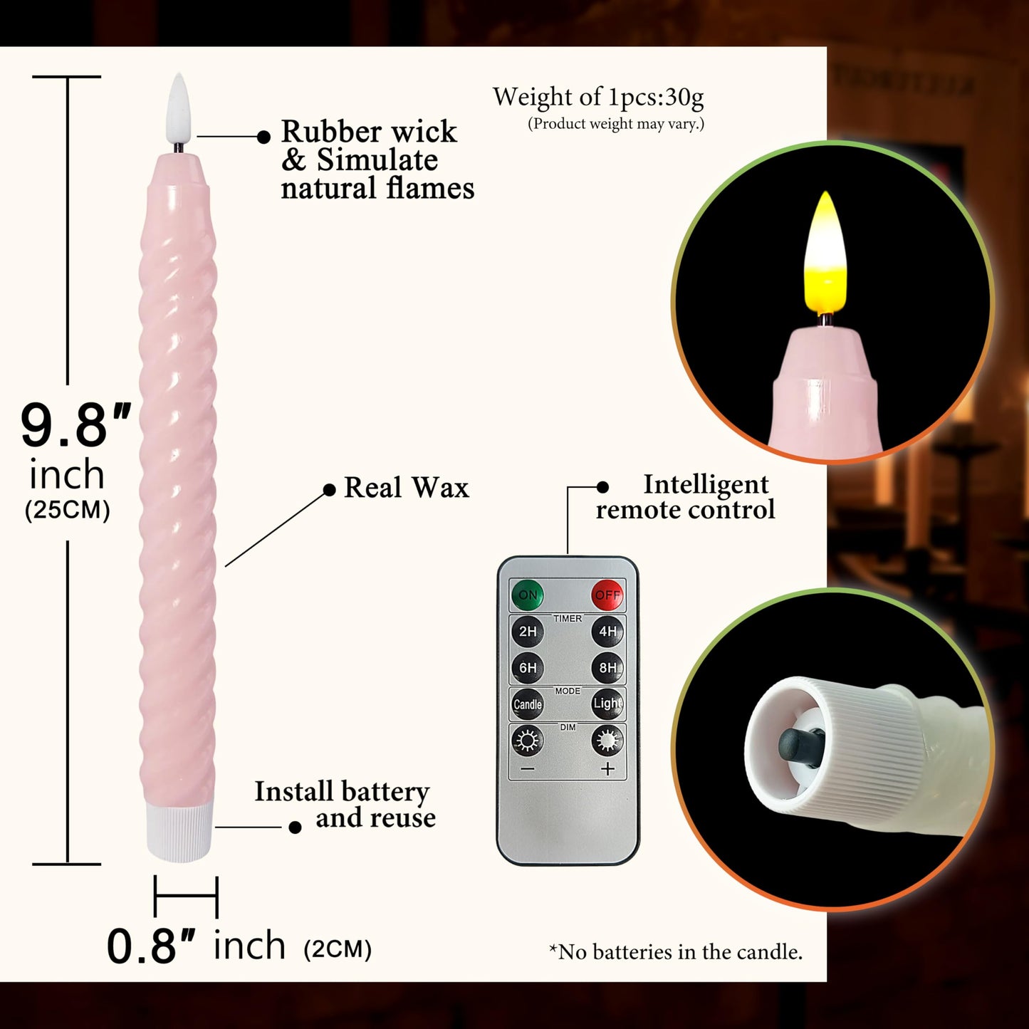 FCMSHAMD Pink Spiral Flameless Taper Candles, 9.8 Inch Flickering Candles with Remote and Timer, Real Wax Candlesticks LED Battery Operated 3D Wick for Wedding Party Home Decor, 6PCS
