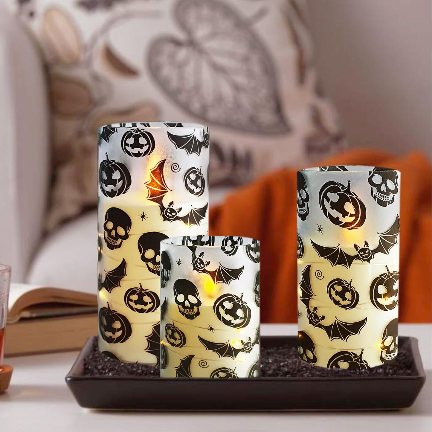 Flickering Flameless Candles Halloween Bat Embedded Star String Lights, Battery Operated Acrylic LED Pillar Candles with 11-Key Remote and Timer for Home Decoration, 3 Pack