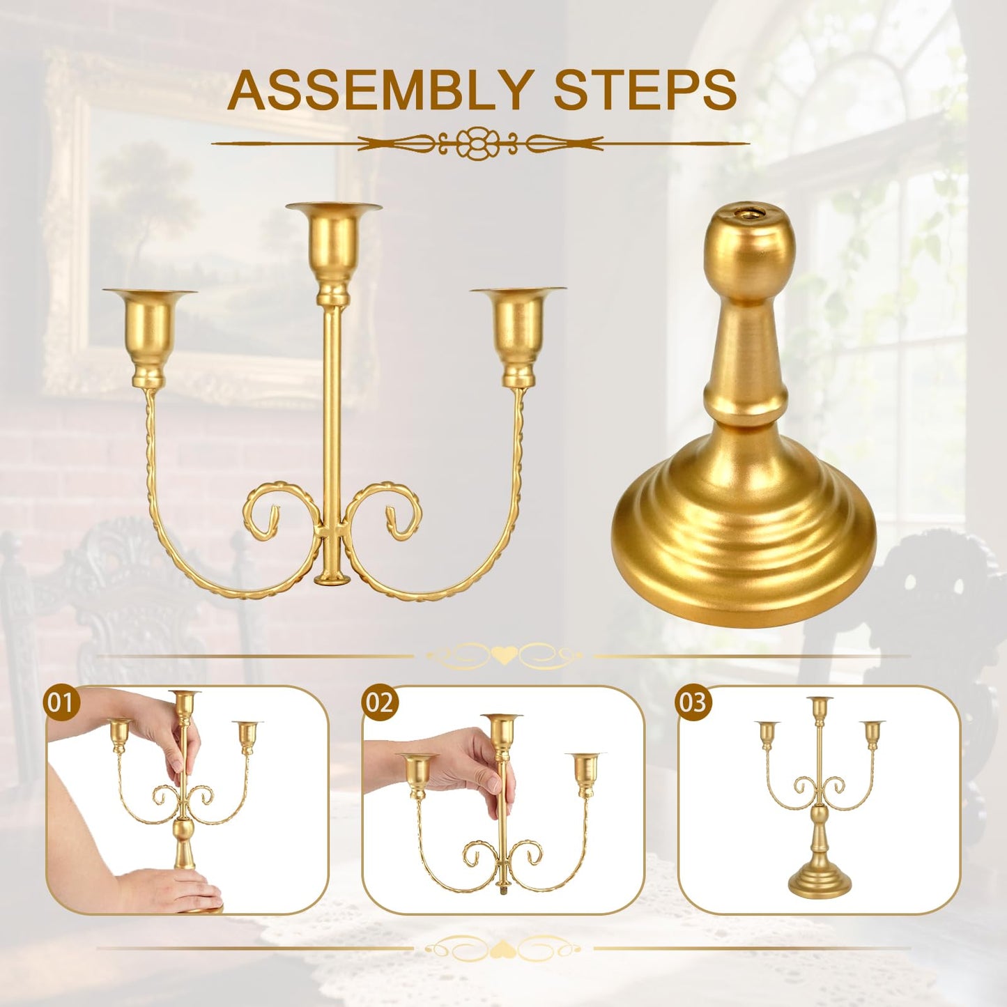 UCEHIPAW 8 Pcs Gold Candelabra 12 Inch 3 Arm Metal Candle Stand Wedding Candlestick Holder for Table Centerpieces Wedding Birthday Holiday Theme Party