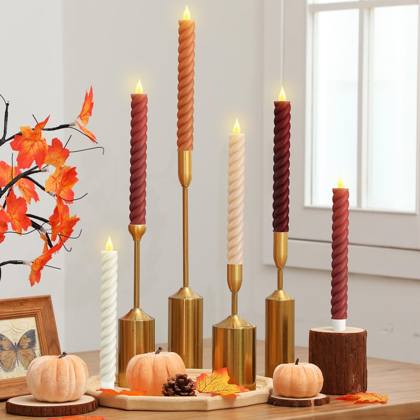 Baquler 6 Pcs Fall Flameless Taper Candle Twisted LED 9.65 Inch Fall Taper Candles Battery Operated Twisted Candlesticks for Thanksgiving Harvest Wedding Birthday Home Party Dinner Fireplace Decor