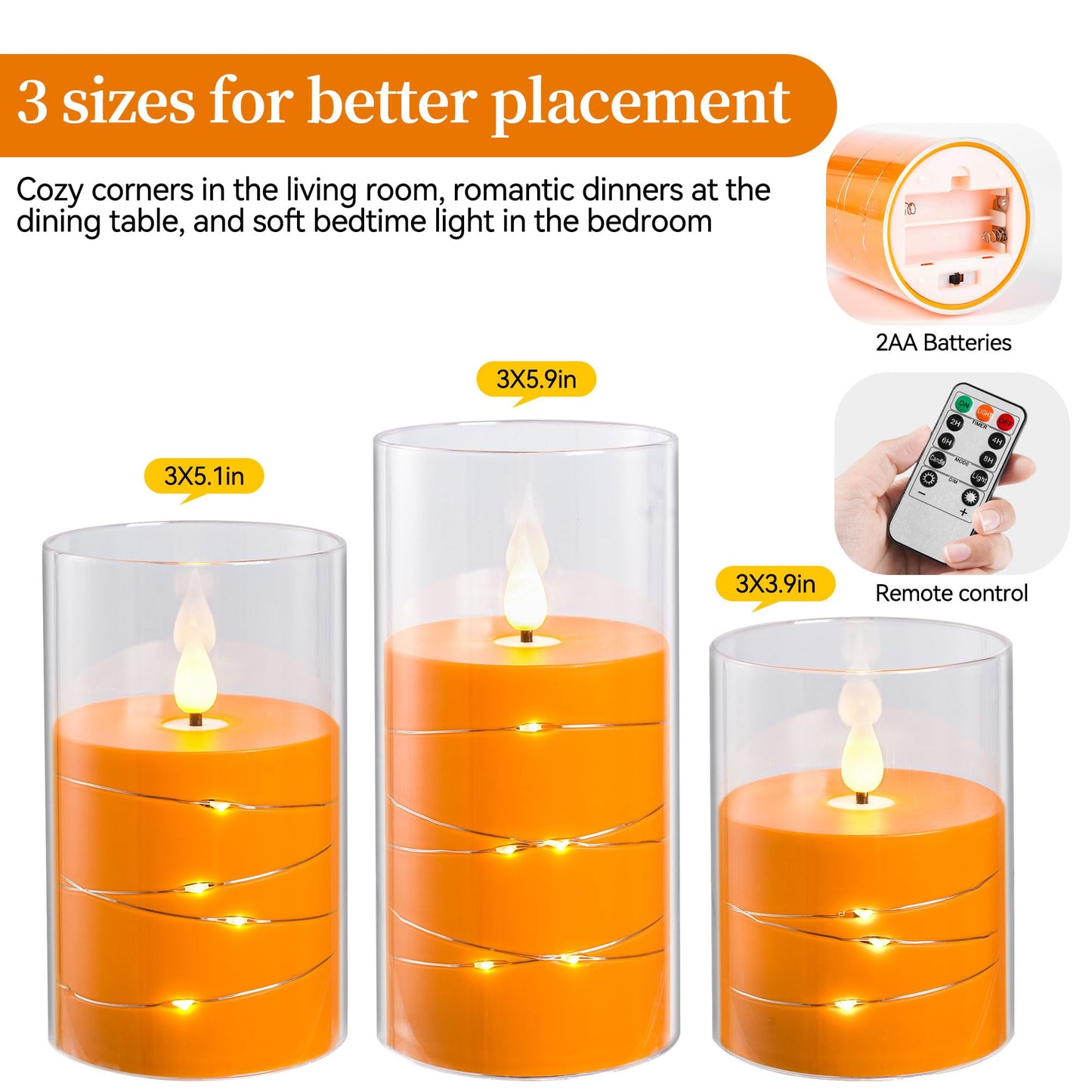 Da by 3 Pack Orange Transparent Acrylic Flameless Taper Candles, Flickering Black Wick LED Candles with Fairy String Lights, Heat Resistant ABS Candles with Remote for Indoor Outdoor Decor