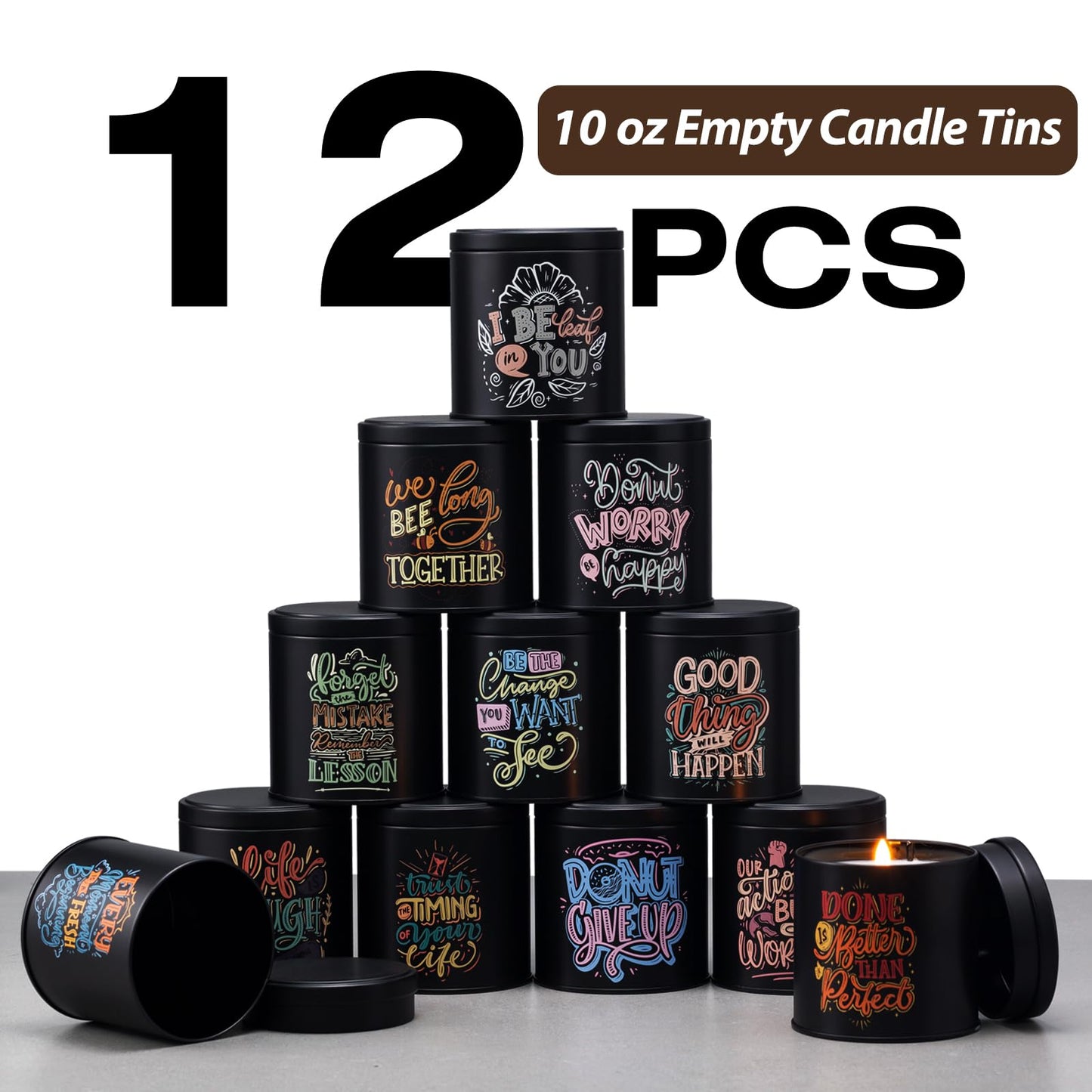 Nexuraze Empty Candle Tins for Making Candles with Lids, Tinplate Material, Warning Label Printed on Can Bottom (Black & Colorful)