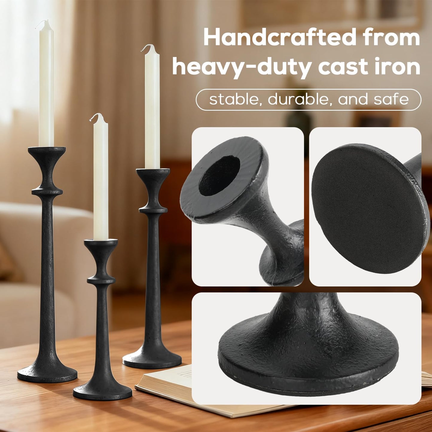 Black Taper Candle Holders Set of 3 Heavy Cast Iron Black Candlestick Holder for Table Centerpiece Modern Decorative Tapered Candle Stand Tall Set for Home Decor Fireplace Wedding Halloween Christmas