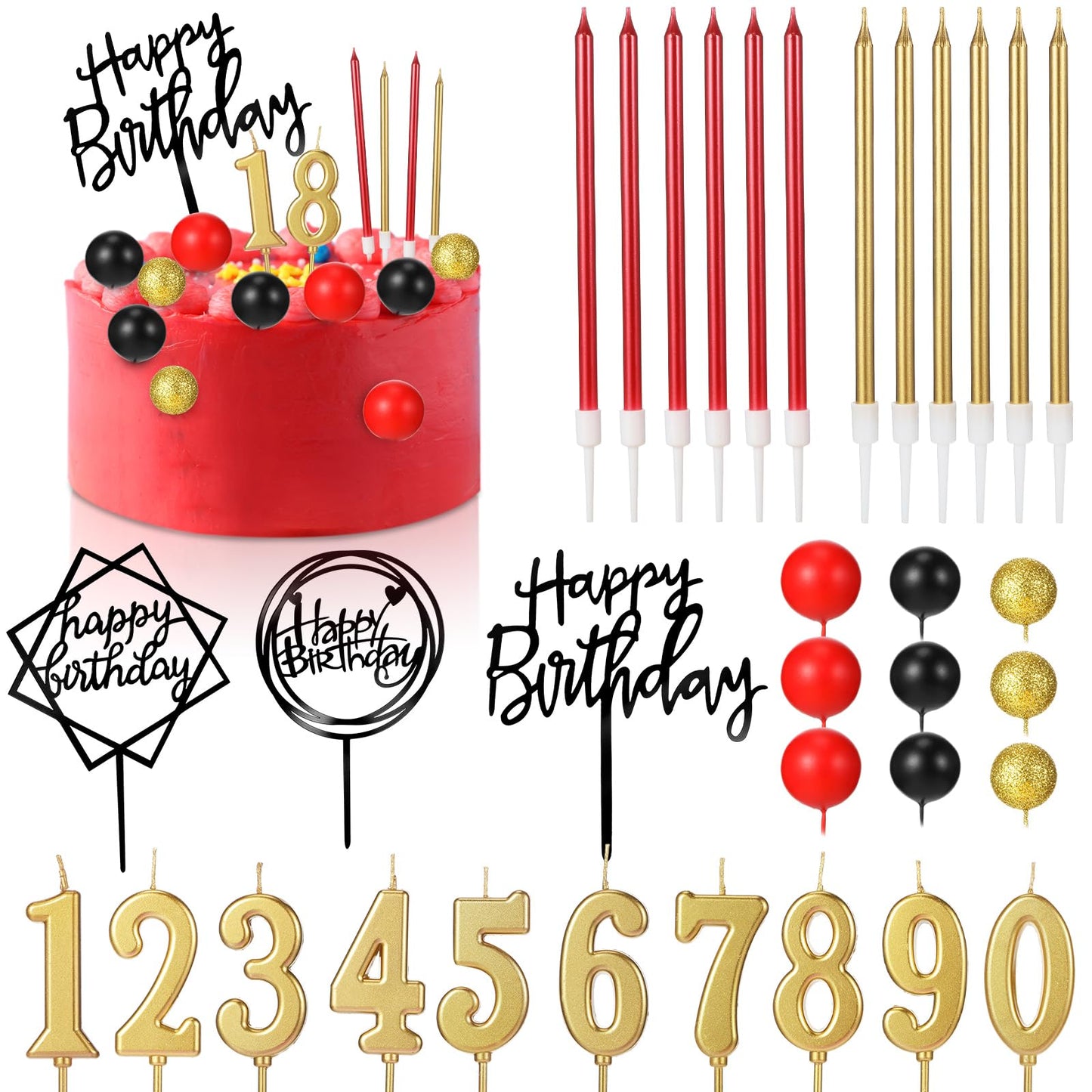 Yerliker 34 Pcs Happy Birthday Cake Toppers Decorations Birthday Candles DIY Cake Decor for Men Women Wedding Anniversary(Black Red Gold)