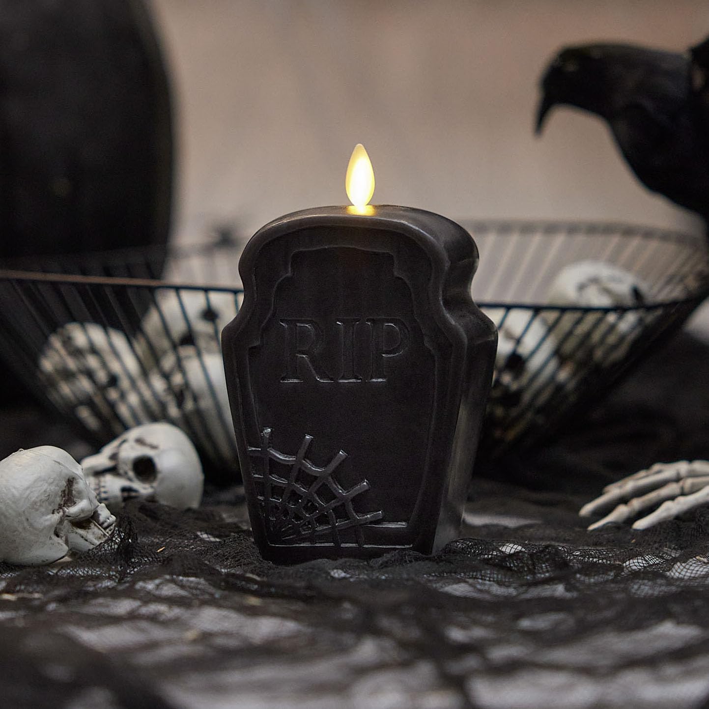 Luminara Black Flameless Candle RIP Tombstone Figural (2" x 5.5") Moving Flame Battery Operated LED Candle Lights Halloween Decoration