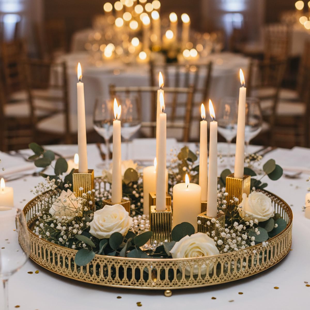 LETINE 12pcs Gold Vertical Stripe Glass Candlestick Holders - Chic Taper Candle Sticks Holder Set for Elegant Dining & Home Decor - Wedding Centerpieces, Parties, and Celebrations