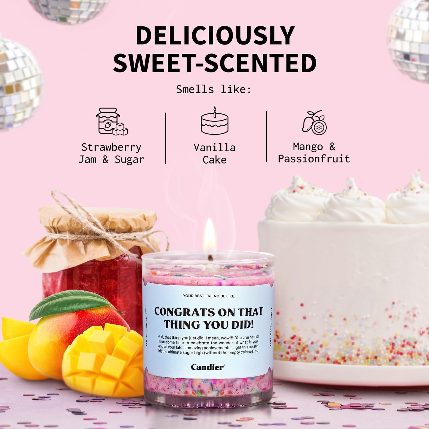 Congrats Scented Candle, Natural Soy Candle with Strawberry Jam & Vanilla Cake Notes, Aromatherapy for Relaxation, Unique Candles Gifts for Women, 60-Hour Burn Time - Candier by Ryan Porter