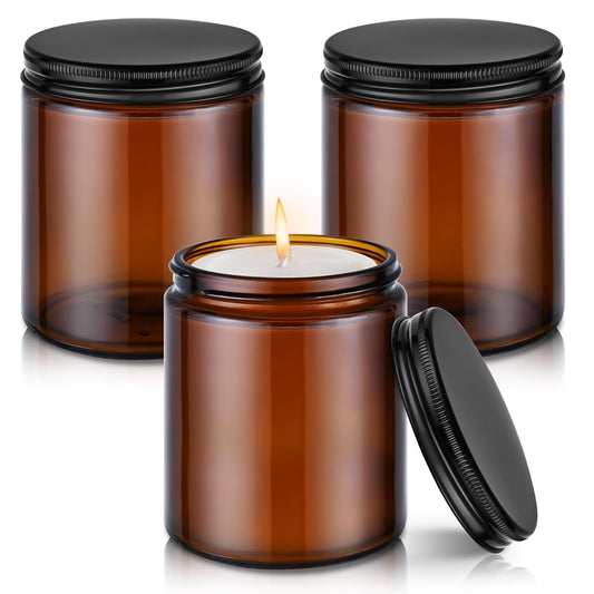 Tecohouse 8oz Amber Glass Jars with Metal Lids, 3 Pack Candle Jars with Blank Labels, 250g Wide Mouth | Lotion Container for Sample, Cream, Lotion, Honey, Powder, Jelly | Home & Beauty