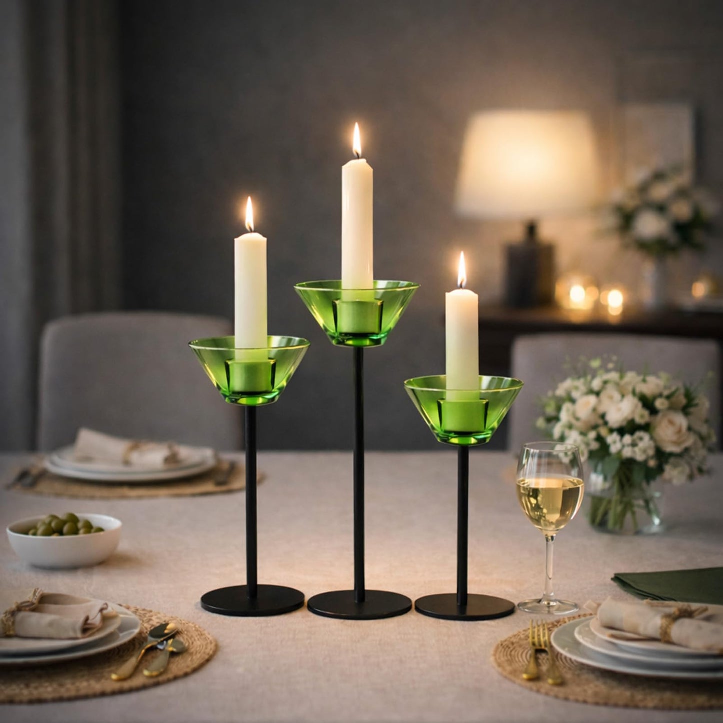 Smytle Emerald‑Green Glass Candlestick Holders, Green Tea Light Candle Holders with Weighted Matte‑Black Metal Base, Botanical Table Decor for Dining, Wedding & Holiday