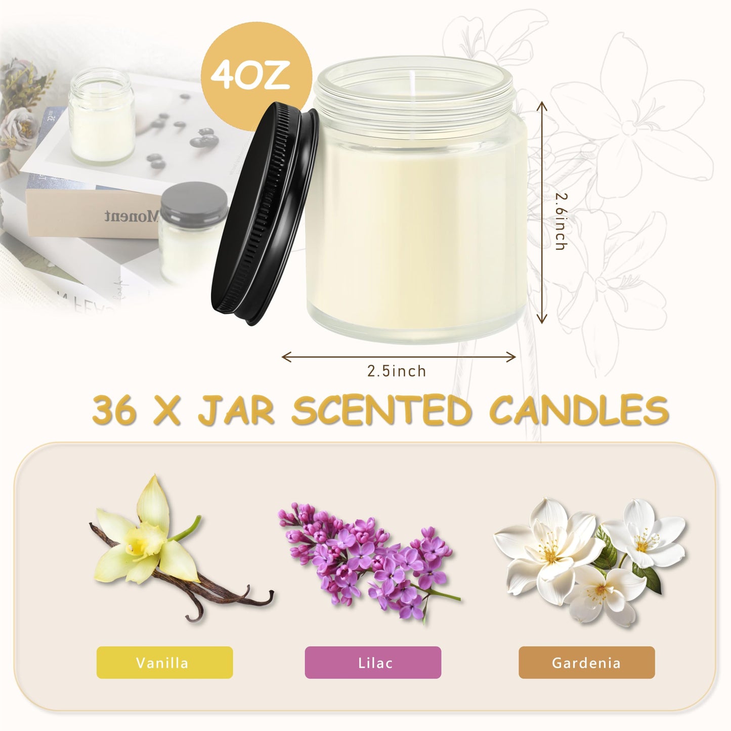 ACITHGL 36 Pcs 4oz Mini Mason Jar Candles Small Scented Candles Bulk Aromatherapy Ideal Souvenir Favors for Wedding Birthday Party (Vanilla, Lilac, Gardenia, Black)