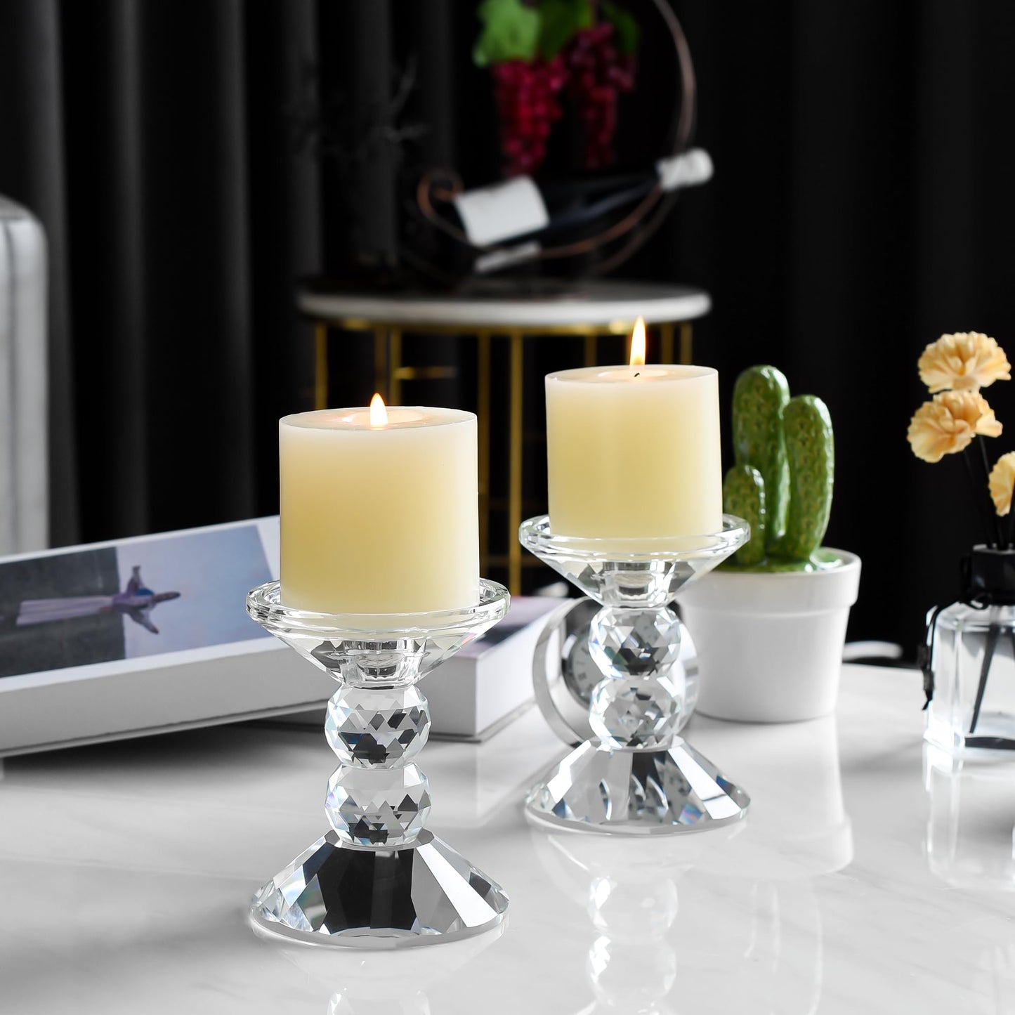 DONOUCLS 2-Pack Crystal Candle Holders, Clear Crystal Taper or Pillar Candlesticks, Table Centerpiece Home Decor for Wedding, Dining, Party(4.9in Tall)