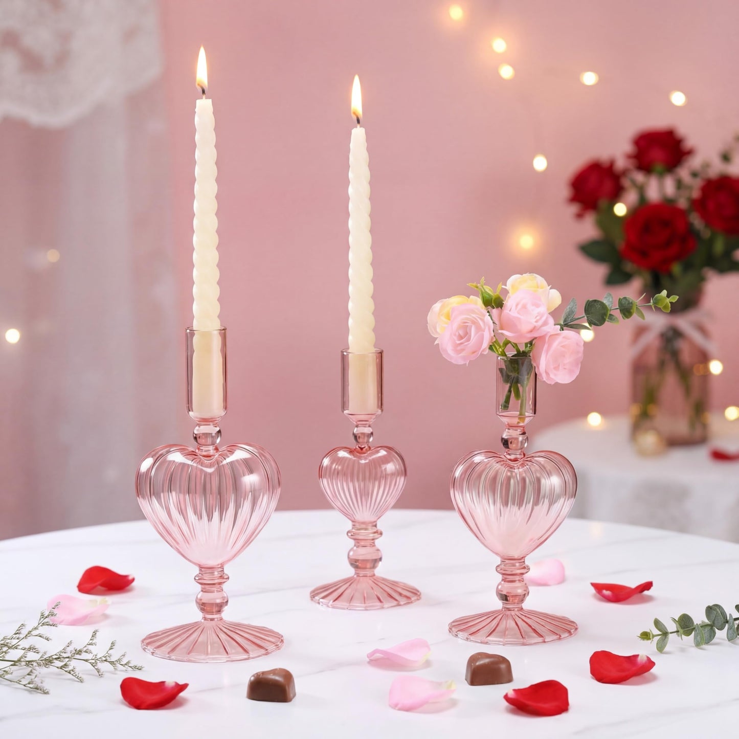 Maxdot 3 Pcs Valentine's Day Pink Glass Candle Holders Pink Heart Glass Taper Candle Holders Heart Candlestick Vase Decor for Valentines Wedding Receptions Festival Party Table Centerpieces Decoration