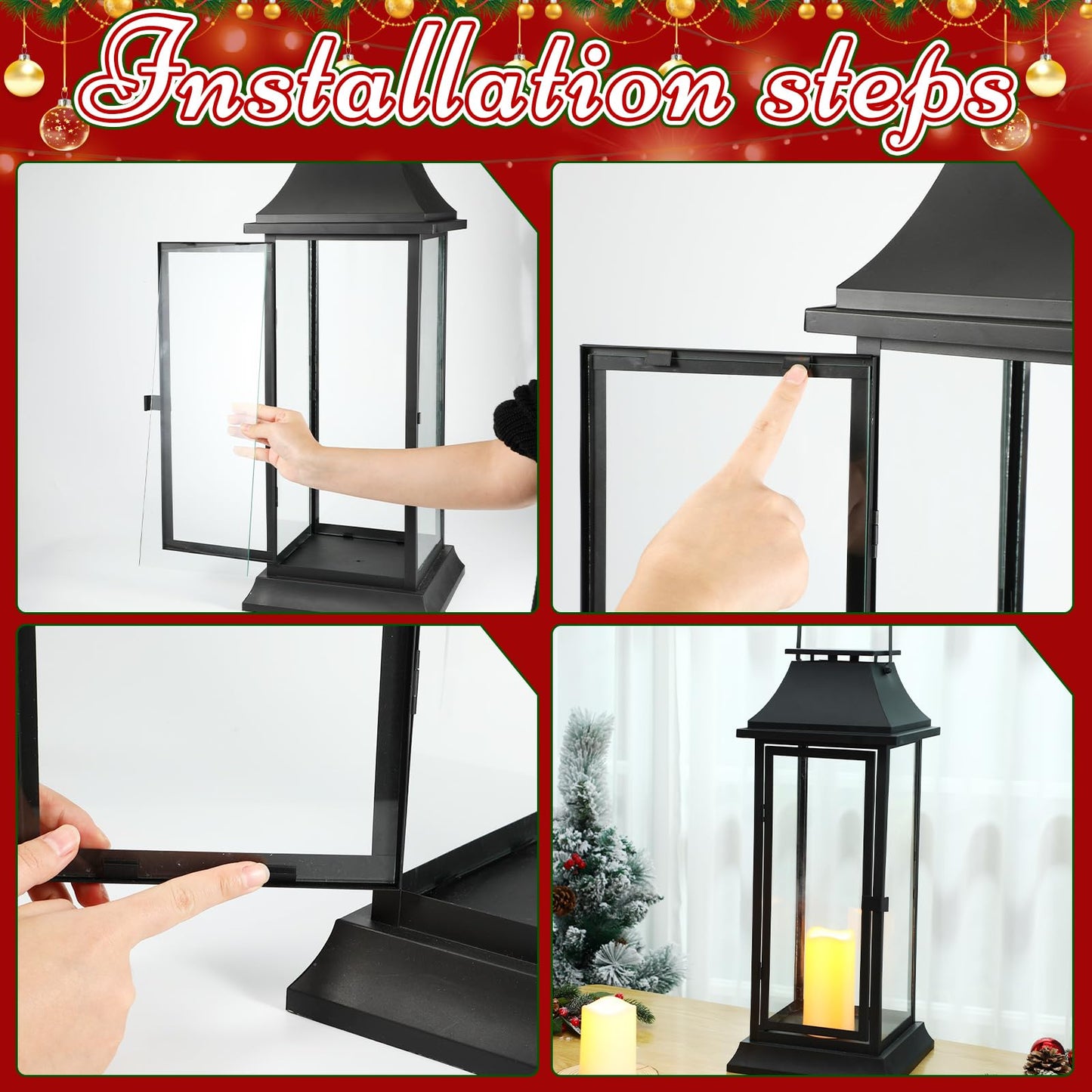 Mifoci Jumbo Black Metal Decorative Lanterns with Clear Glass Panel Hurricane Candle Lantern for Home Decor Party Event Tabletop Front Porch Wall Hanging Indoor Outdoor(3 Pcs,24'' 16'' 10'')