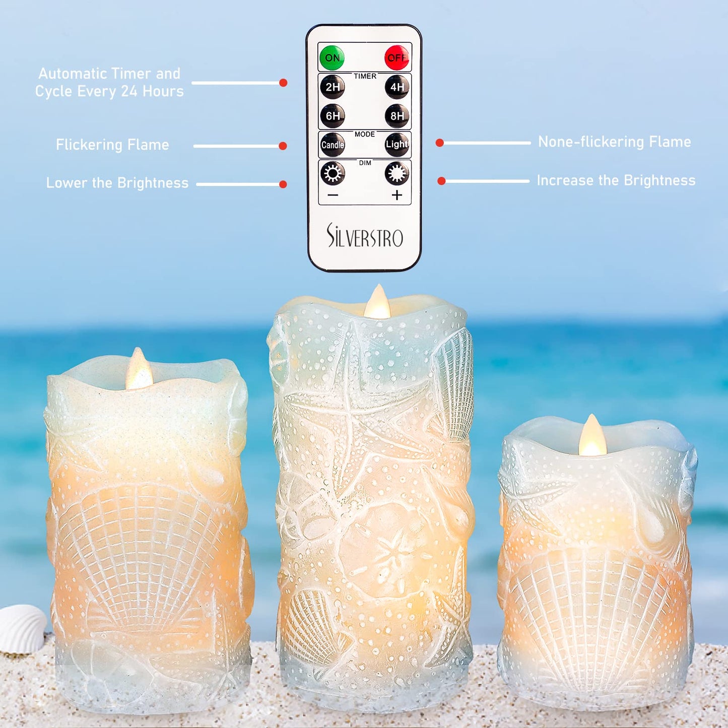 Silverstro Ocean Flameless Candles Remote Carved Seashell Real Wax Flicker Battery Operated Candles for Home Party Wedding Nautical Thanksgiving Christmas Easter Decor - Set of 3(Blue)