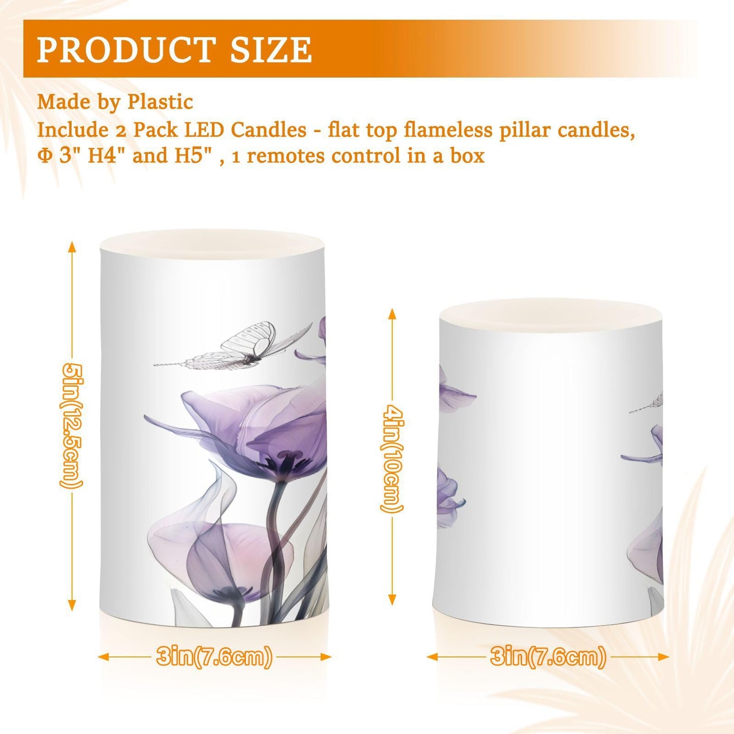 ALAZA Three Purple Tulips Flameless Candles, LED Pillar Candles with Remote Timer, Battery Operated Candles Set of 2