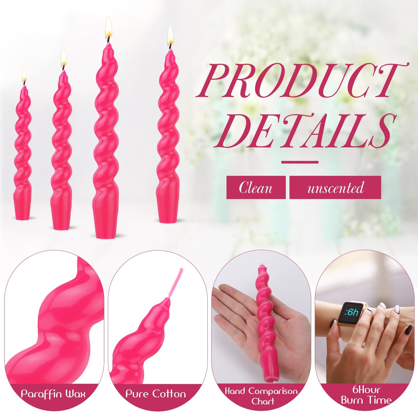 Zhengmy 4 Pcs Hot Pink Spiral Taper Candlestick 7 Inch Twisted Long Wax Dinner Candle for Valentines Wedding Birthday Anniversary Baby Shower Table Decor(Solid)
