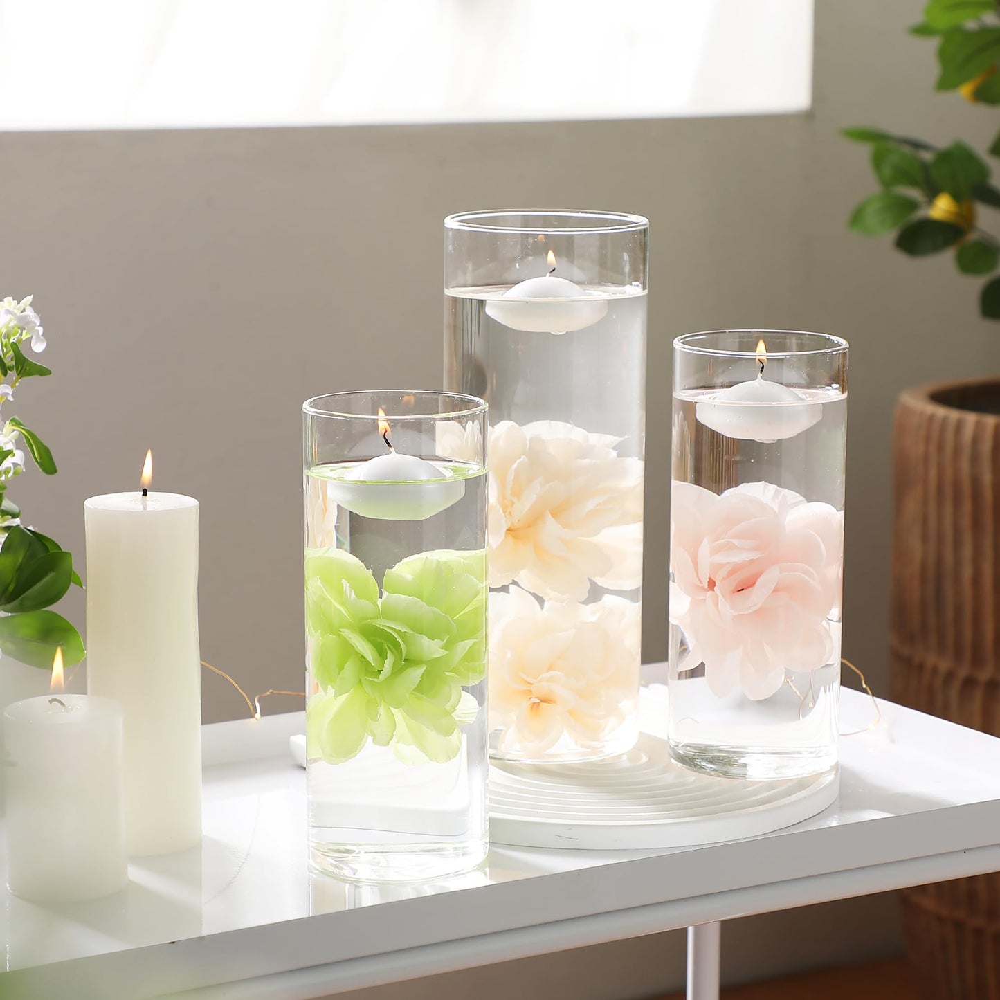 WPPNSY 24 Pcs Floating Candles for Centerpieces and Floating Flowers Artificial Flowers Head Vase Filler for Party Home Table Wedding Centerpieces Decoration (Champagne)