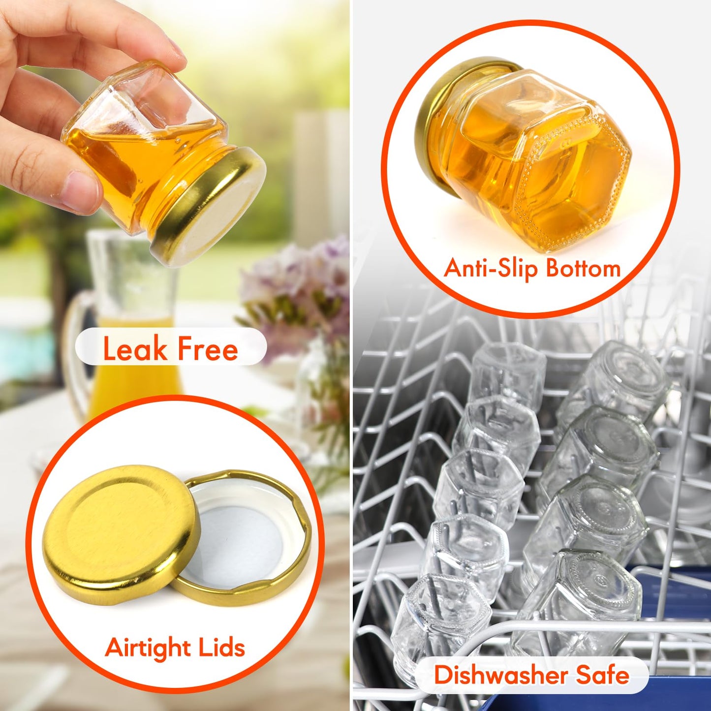 AuroTrends Mini Honey Jars with Dipper 1.5oz 60Pack, Empty Hexagon Honey Jars for Baby Shower Favors/Wedding Favors for Guests Bulk-Mini Glass Jar with Lids/Wooden Dippers (1.5 fl.oz-60Pack)
