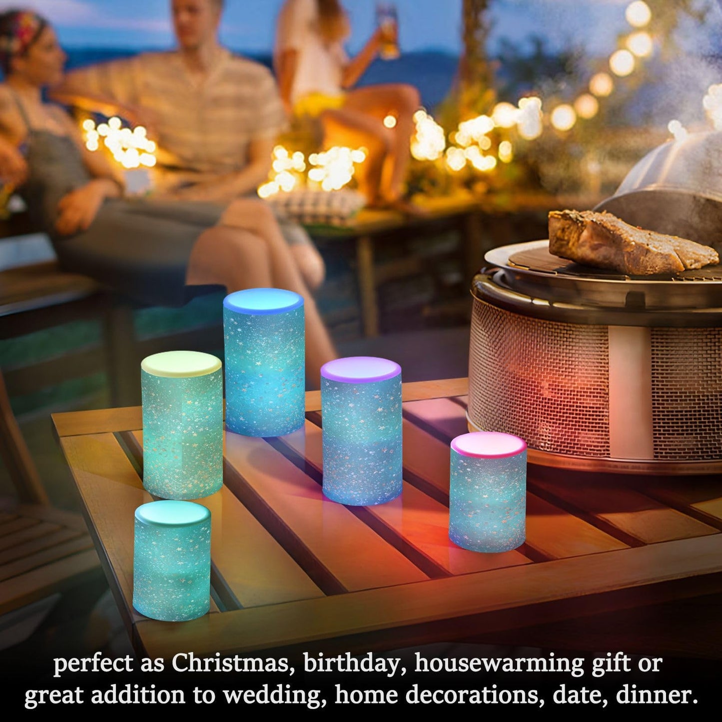 Kcldeci LED Flameless Candles Battery Operated with Remote and Timer, Abstract Turquoise Marble White Star Realistic Flickering Flameless Candles Led Pillar Candles, Set of 2