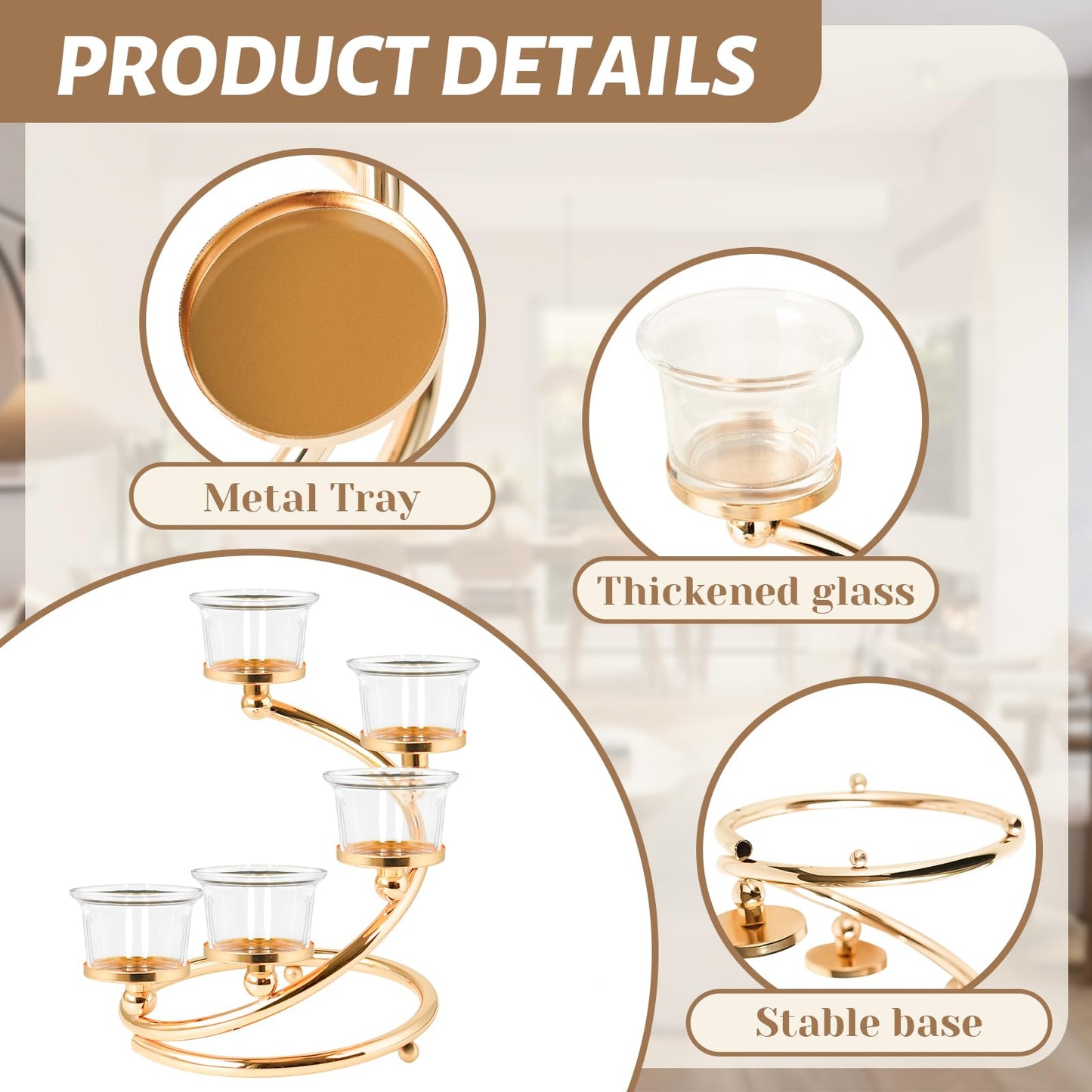 Kolnlala 1Pc Gold 5-arm Metal & Glass Tea Light Candle Holders for Table Centerpiece, Glass Votive Tealight Holders/Candelabra Candlestick Holders for Wedding,Party, Anniversary,Christmas