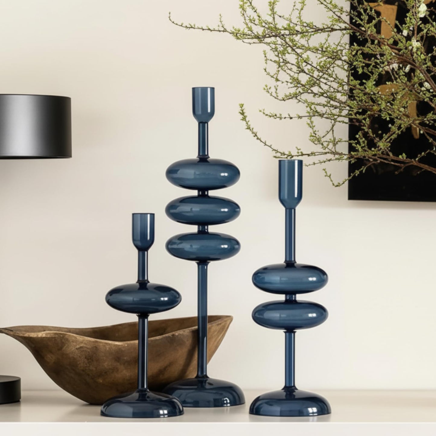 LemonRoad Glass Taper Candle Holders Set of 3, Bubble Candlestick Holders for Table Centerpiece, Elegant Wavy Stacked Geometric Candleholders for Wedding, Dinner, Party, Home Decor(Deep Blue)
