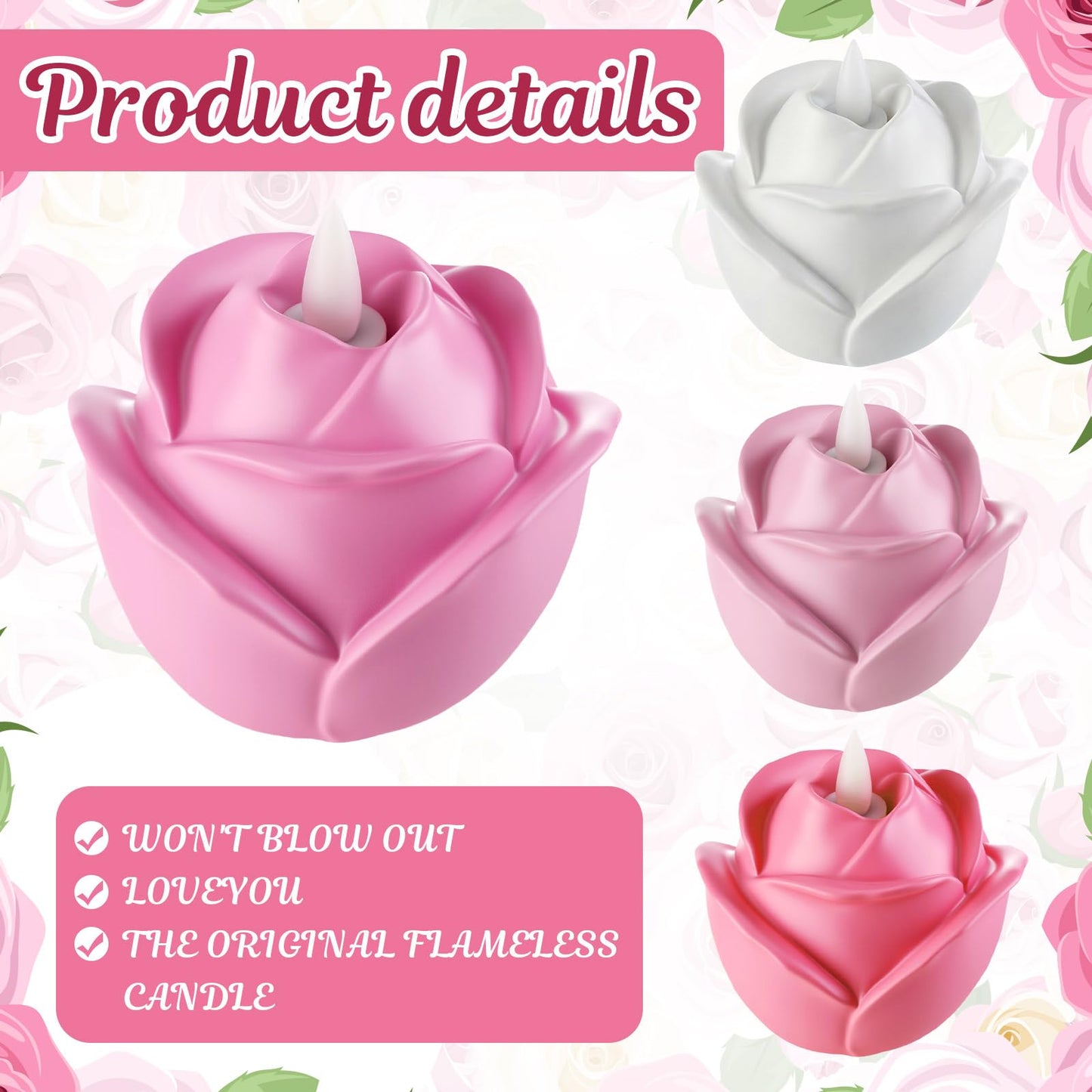 Bucherry 4 Pcs Rose Flameless Candle Light 3.5" LED Resin Pink Rose Flower Tealight Candle Battery Operated Rosebud Flickering Tea Light for Wedding Party Teacher Gifts Home Table Decor