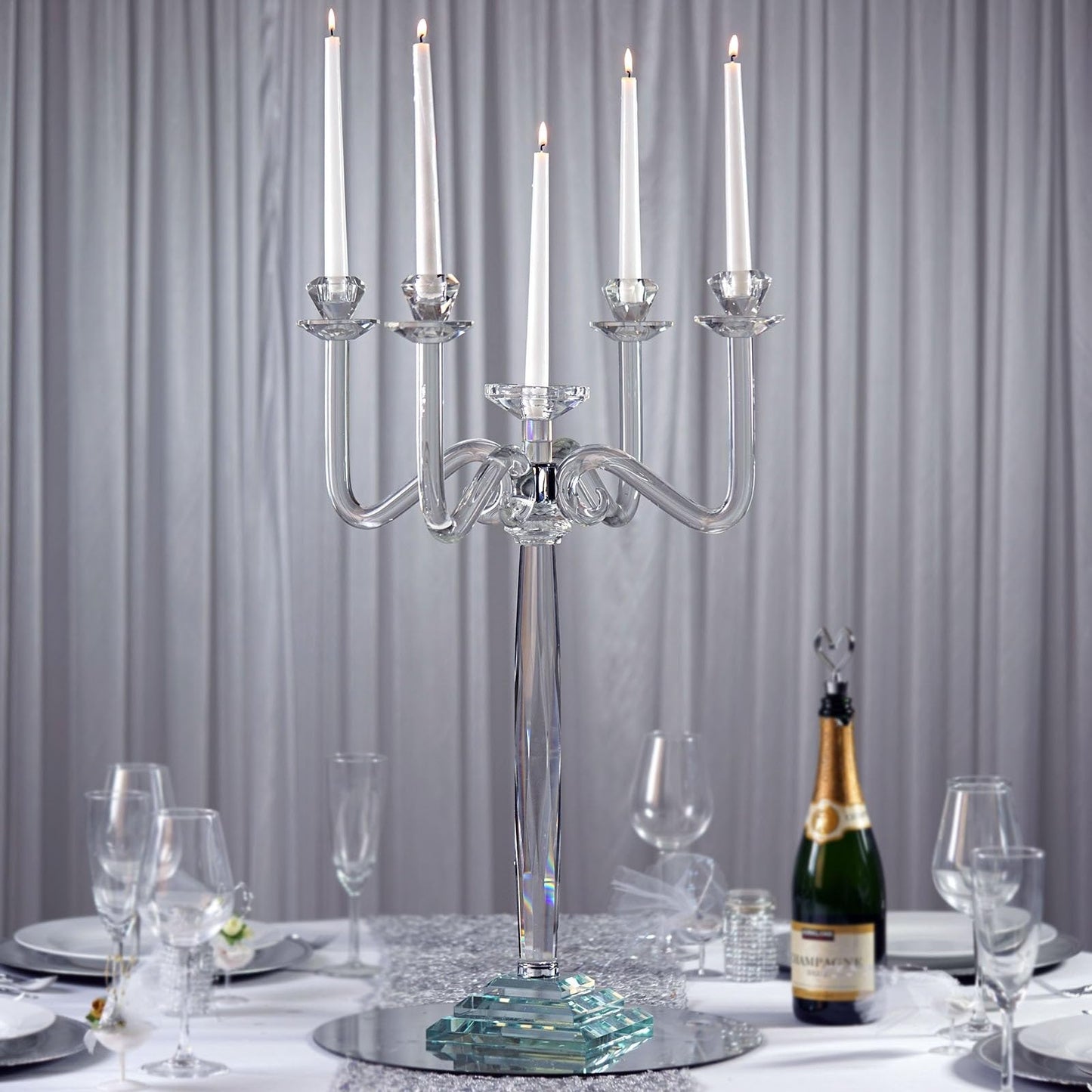 Efavormart 27" Tall Handcrafted Gem Cut 5 Arm Crystal Modern Glass Candelabra Candle Holder Wedding Centerpiece