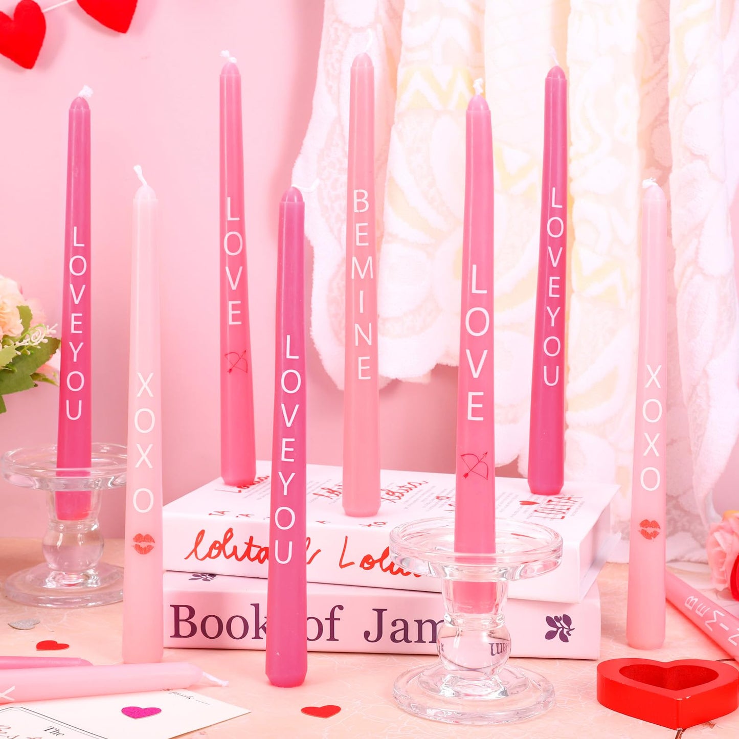 Whaline 12 Pcs Valentine's Day Taper Candles 10 Inch Wax Taper Candles Pink Love You Be Mine Long Unscented Candle Sticks for Wedding Anniversary Birthday Bridal Shower Party Dinner Table Home Decor